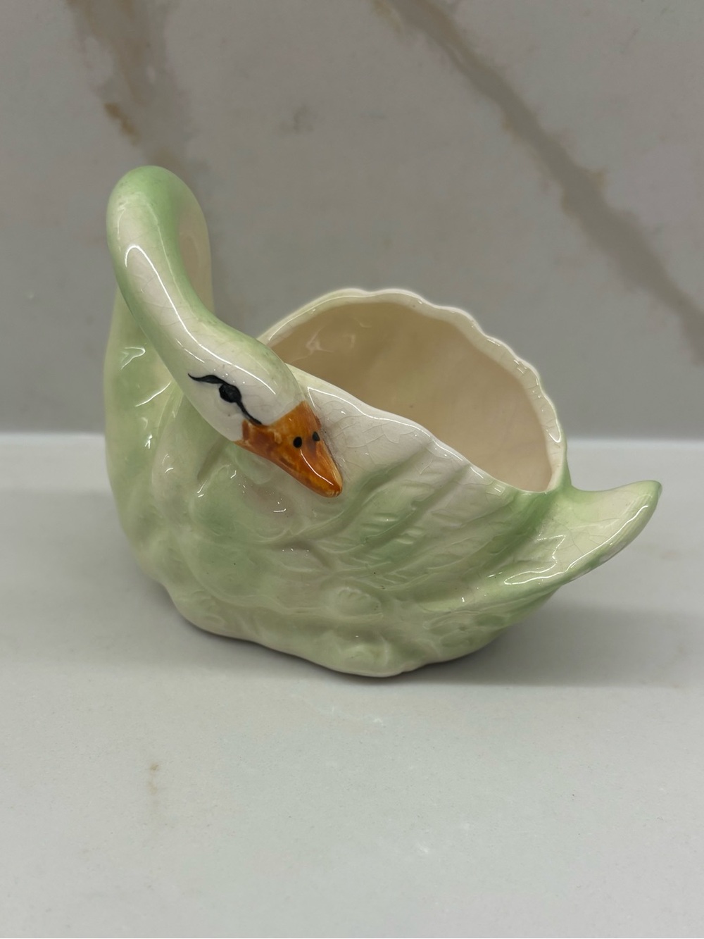 Vintage Miniature Ceramic Swan Planter Pastel Green Glaze Japan MCM